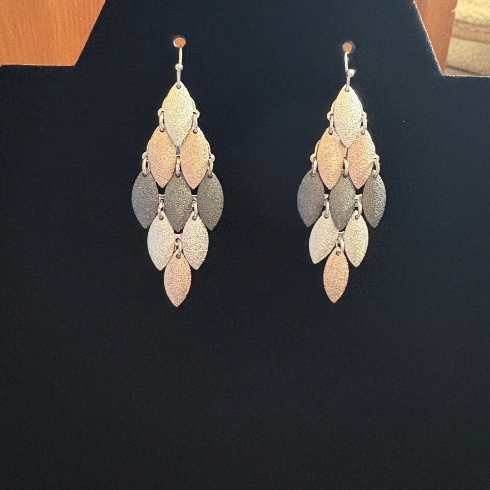 Tri-Tone Leaf Chandelier Earrings Silver Gold Rose Gold Textured Dangle